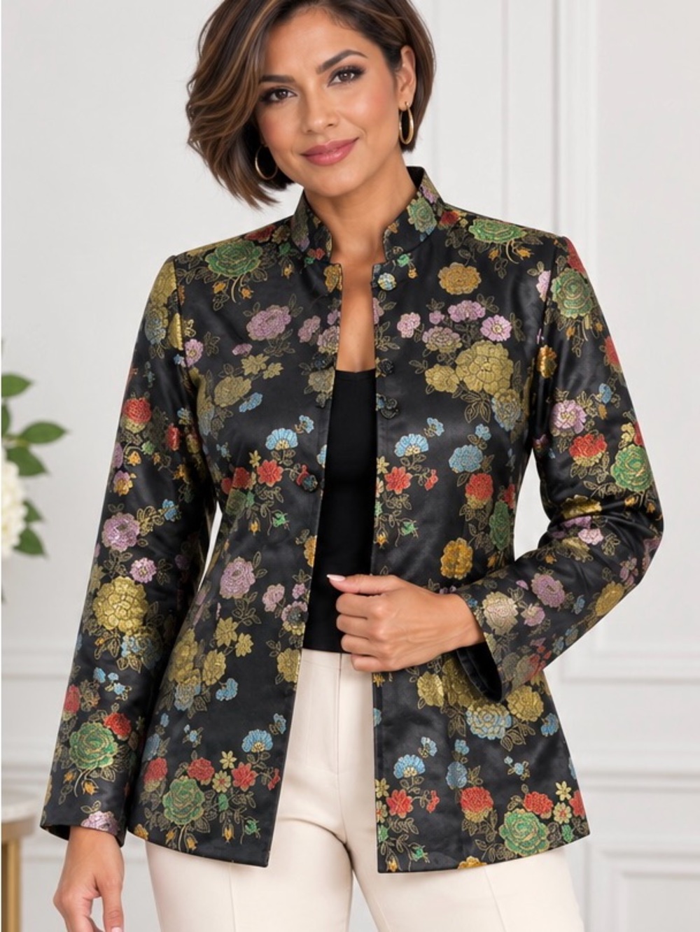In Encore Jacket Size XS Black Floral Brocade Asian Inspired Long Sleeves